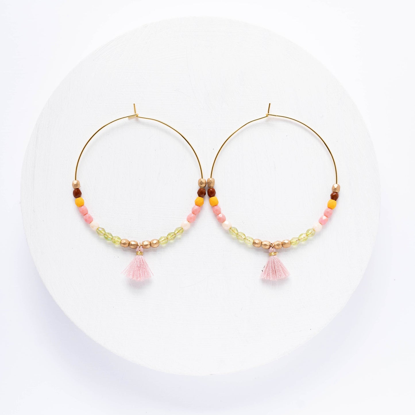 Large Hoops with Tiny Blush Tassel