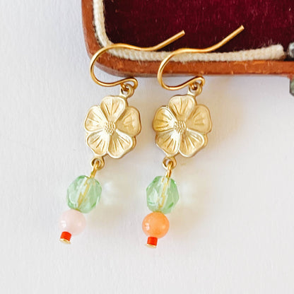 Small Flower With Coral and Rose Quartz Bead Earrings