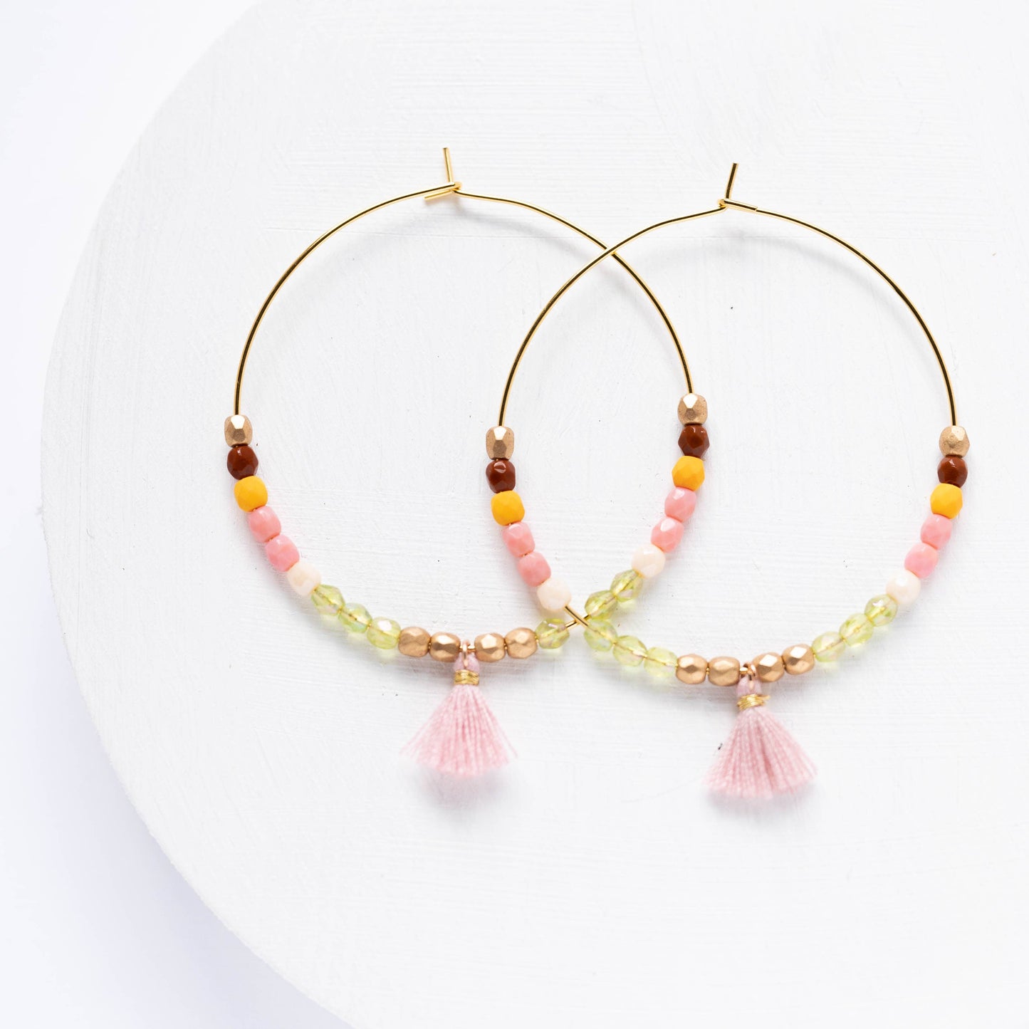 Large Hoops with Tiny Blush Tassel