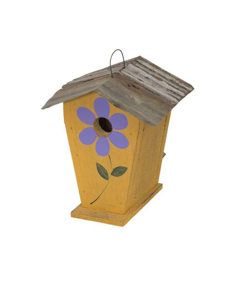 Hand Painted Flower Chalet Birdhouse Chickadees (SM25): Olive green