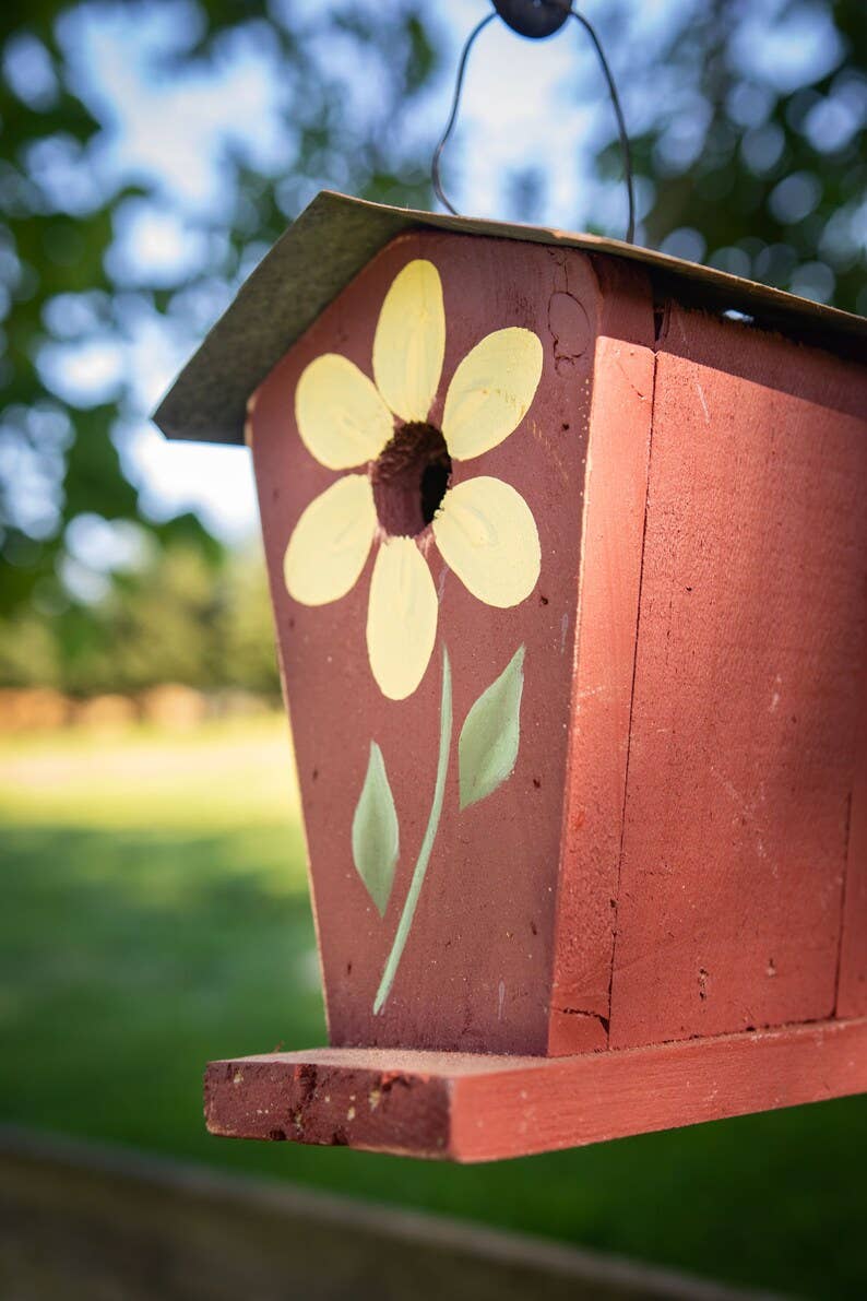 Hand Painted Flower Chalet Birdhouse Chickadees (SM25): Olive green