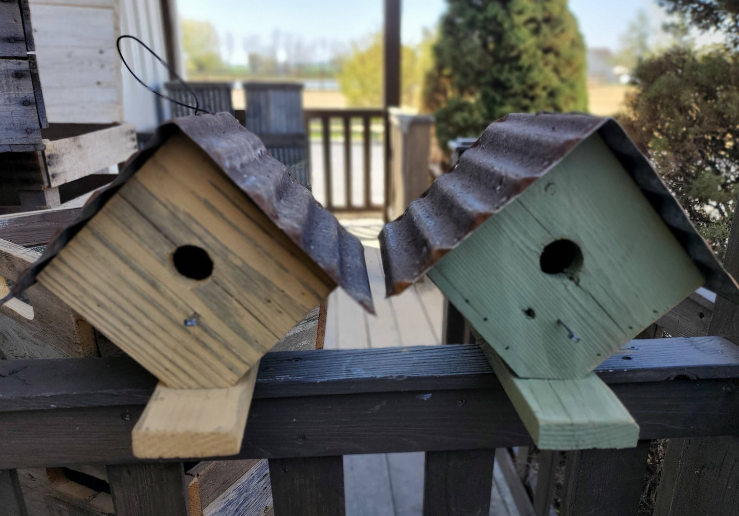 Rustic Reclaimed Wood and Corrugated Metal Wren House (SM11): Red