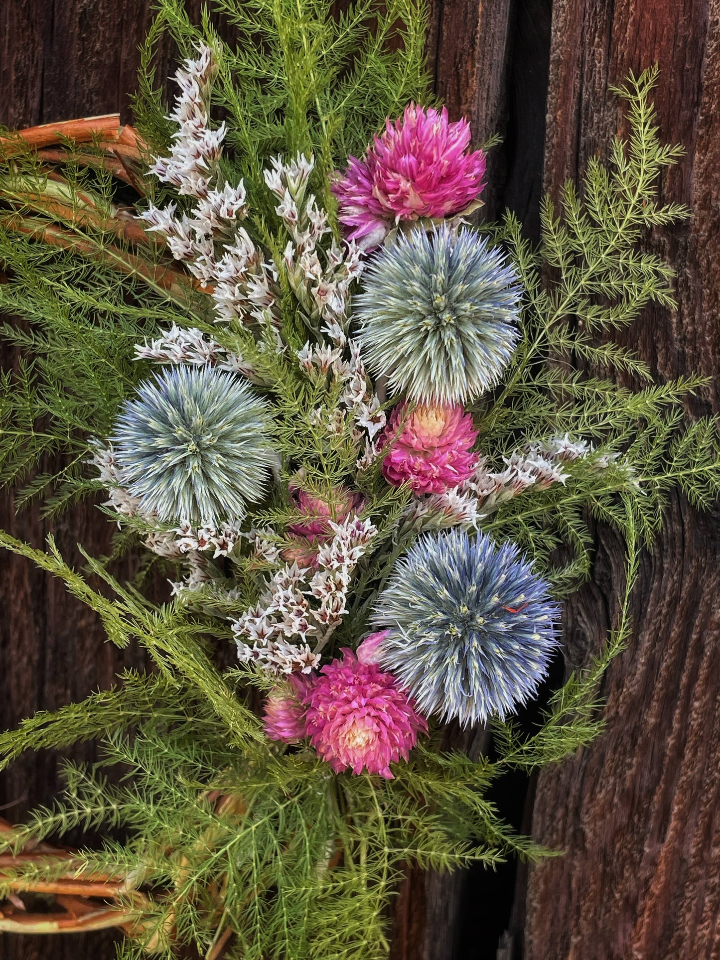 The Wee Yin Small Dried Flower Wreath- Fern and Echinops