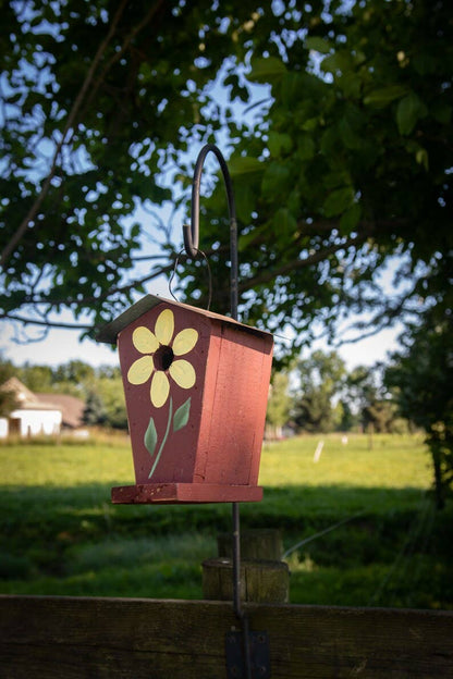 Hand Painted Flower Chalet Birdhouse Chickadees (SM25): Olive green