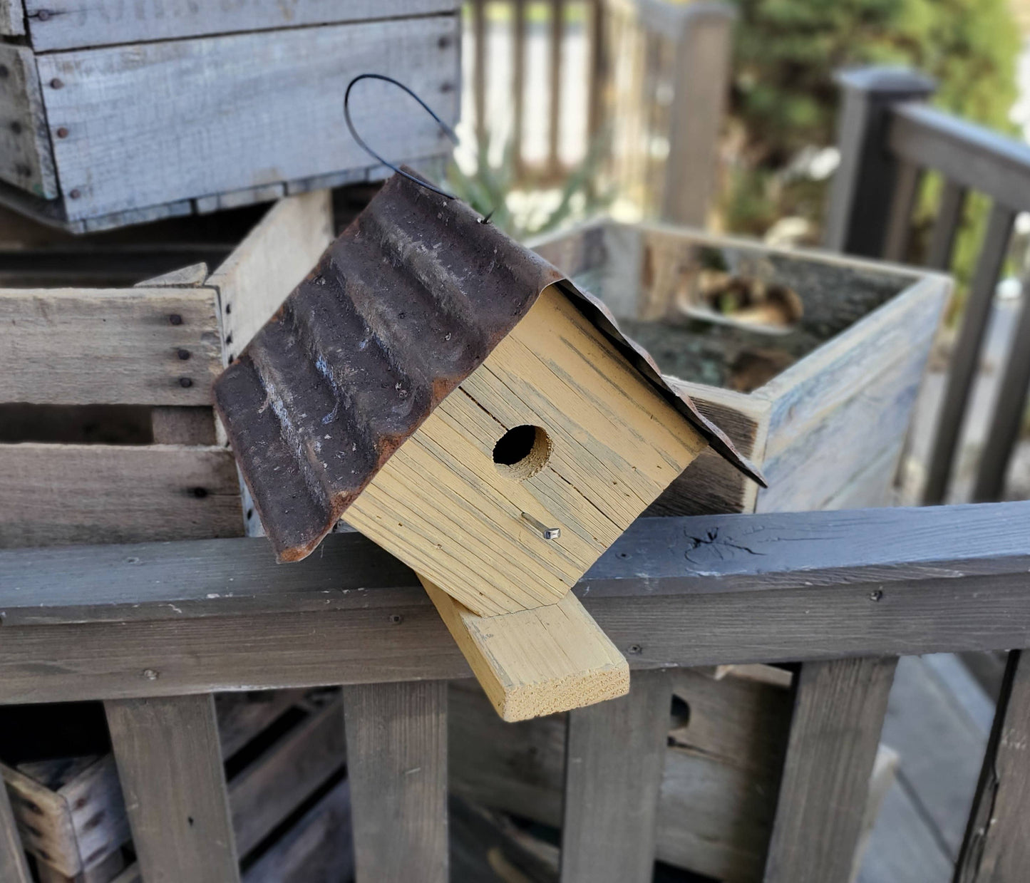 Rustic Reclaimed Wood and Corrugated Metal Wren House (SM11): White