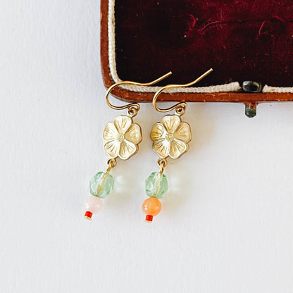 Small Flower With Coral and Rose Quartz Bead Earrings