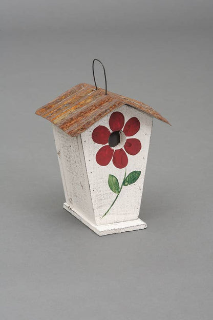 Hand Painted Flower Chalet Birdhouse Chickadees (SM25): Olive green