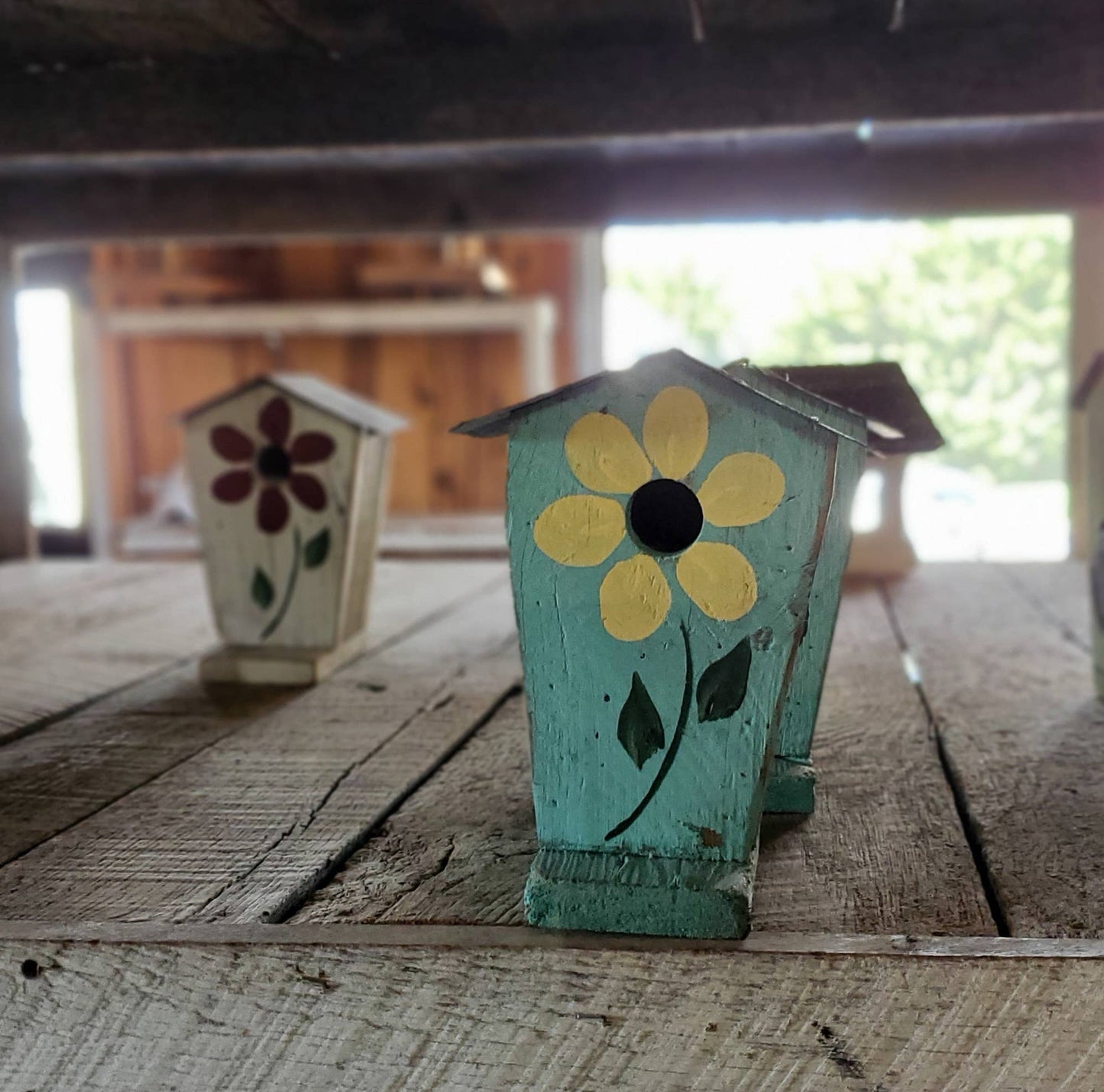 Hand Painted Flower Chalet Birdhouse Chickadees (SM25): Olive green