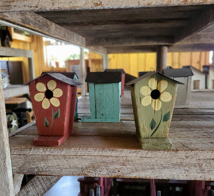 Hand Painted Flower Chalet Birdhouse Chickadees (SM25): Olive green