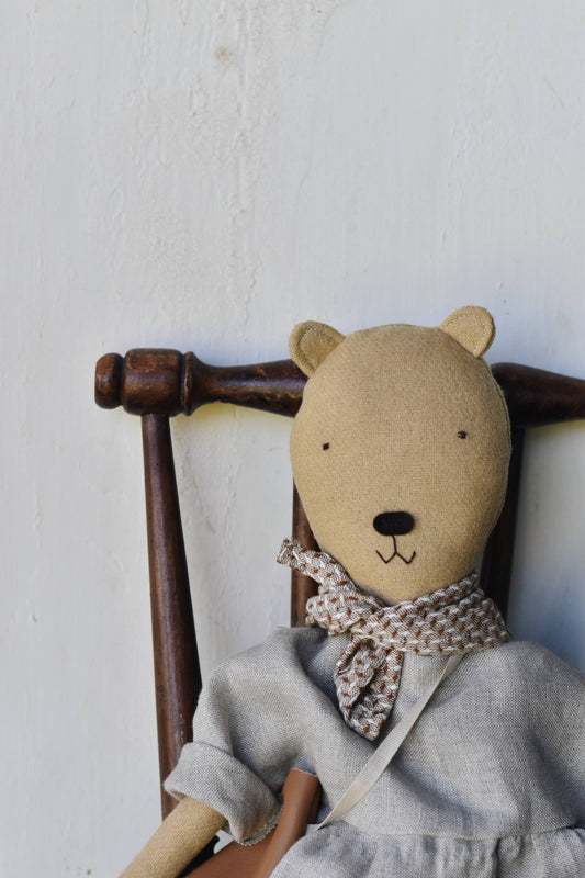 Agatha the bear doll - flax linen gather dress