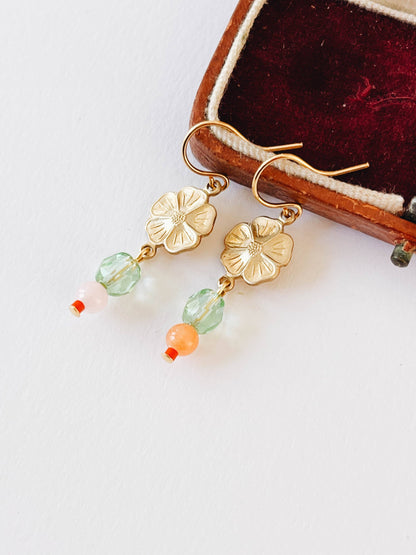 Small Flower With Coral and Rose Quartz Bead Earrings