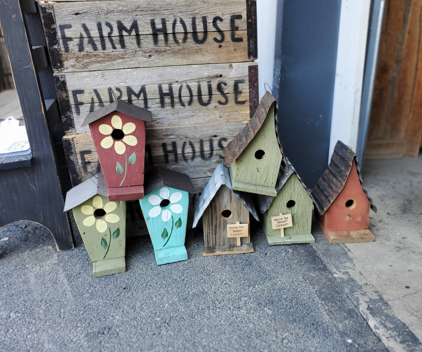 Hand Painted Flower Chalet Birdhouse Chickadees (SM25): Olive green