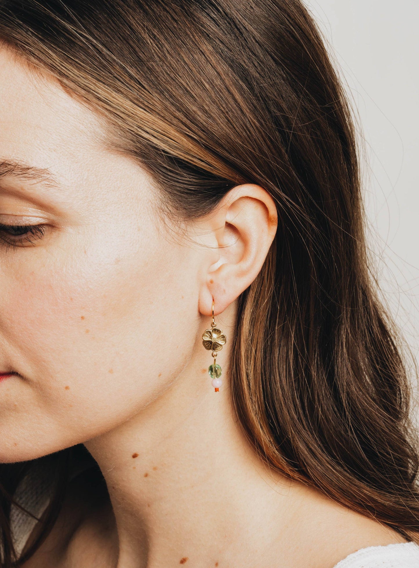 Small Flower With Coral and Rose Quartz Bead Earrings